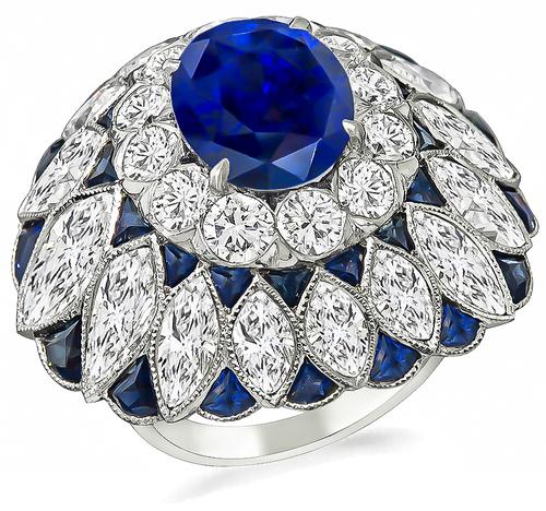 Art Deco Style Cushion Cut Ceylon Sapphire Round and Marquise Cut Diamond Platinum Cocktail Ring