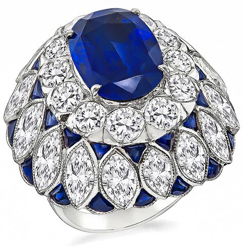 Art Deco Style Oval Cut Sapphire Round and Marquise Cut Diamond Platinum Cocktail Ring