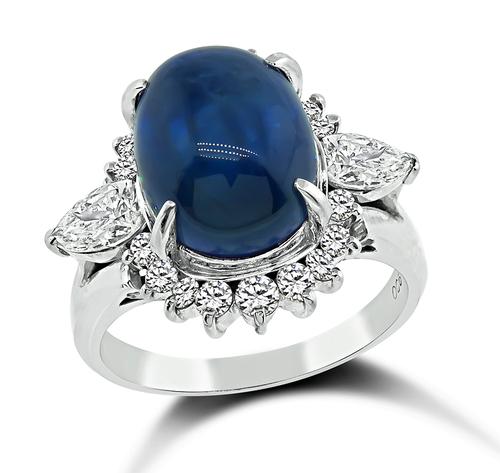 Cabochon Sapphire Pear and Round Cut Diamond Platinum Ring