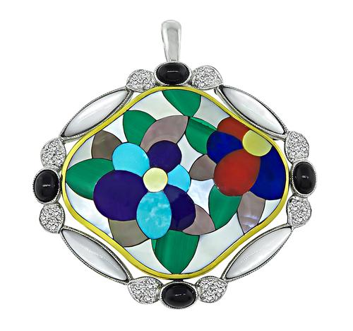 14k Yellow and White Gold Multi Color Gemstone Inlay Pin / Pendant