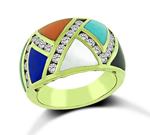Round Cut Diamond Multi Color Gemstone Inlay 14k Yellow Gold Ring by Asch Grossbardt