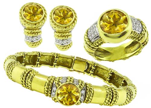 Round Cut Citrine Round Cut Diamond 18k Yellow Gold Jewelry Set by Cassis