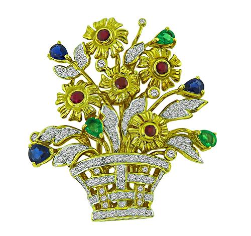 Round Cut Diamond Pear Shape Sapphire and Emerald Round Cut Ruby 18k Yellow and White Gold Basket Pin