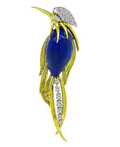 1960s Round and Marquise Cut Diamond Enamel 18k Yellow and White Gold Bird Pin