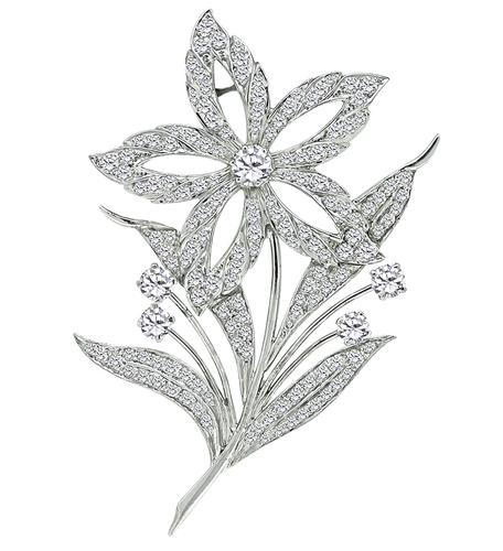 Round Cut Diamond Platinum Flower Pin