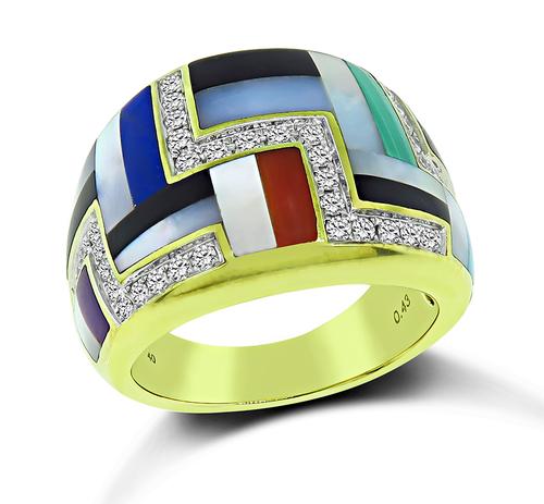 14k Yellow Gold Round Cut Diamond Multi Color Gemstone Inlay Ring