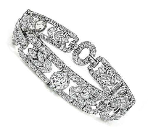 1.81ct and 1.86ct Old Mine Cut Diamond 8.70ct Marquise Baguette and Round Cut Diamond Platinum Bracelet