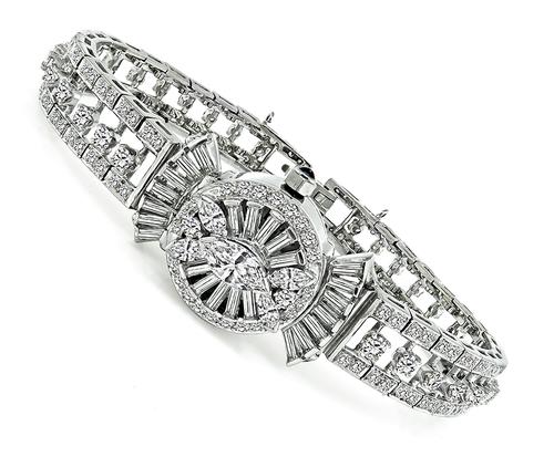 Marquise Baguette and Round Cut Diamond Platinum Cover Watch