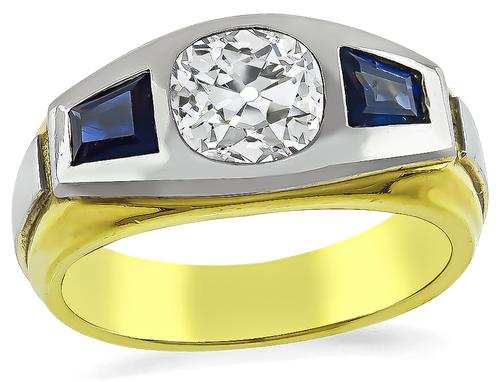 Old Mine Cut Diamond Sapphire 18k Yellow and White Gold Ring