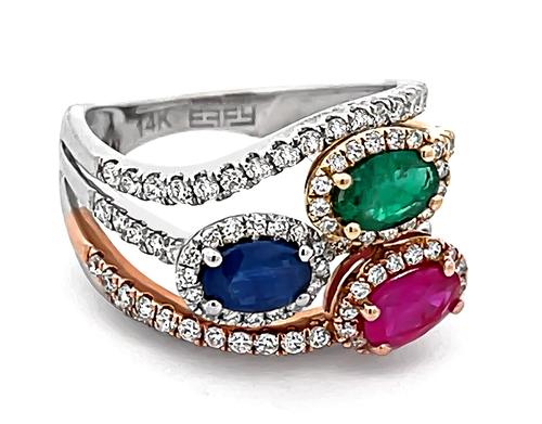 Oval Cut Sapphire Ruby and Emerald Round Cut Diamond Three Tone 14k Yellow Pink and White Gold Ring by Effy
