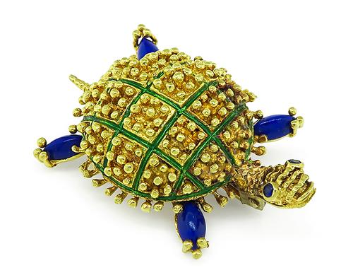 18k Yellow Gold Enamel Turtle Pin