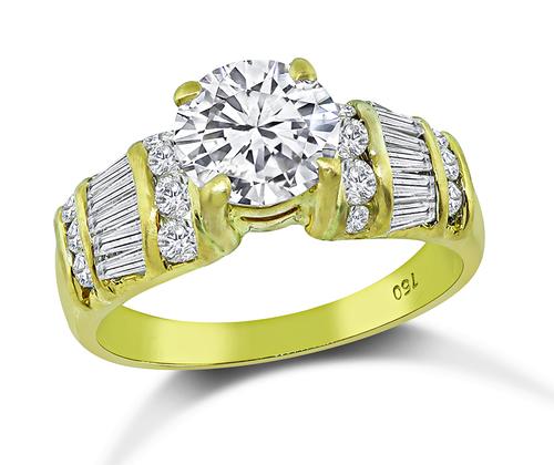 Round Cut Center Diamond Baguette and Round Cut Side Diamond 18k Yellow Gold Engagement Ring
