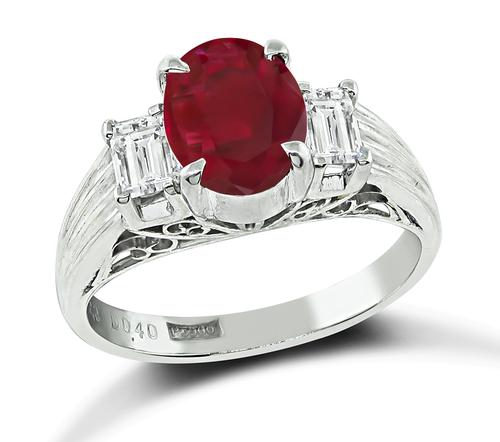 Oval Cut Ruby Emerald Cut Diamond Platinum Engagement Ring