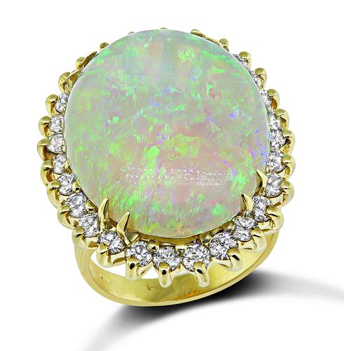 Cabochon Opal Round Cut Diamond 14k Yellow Gold Ring