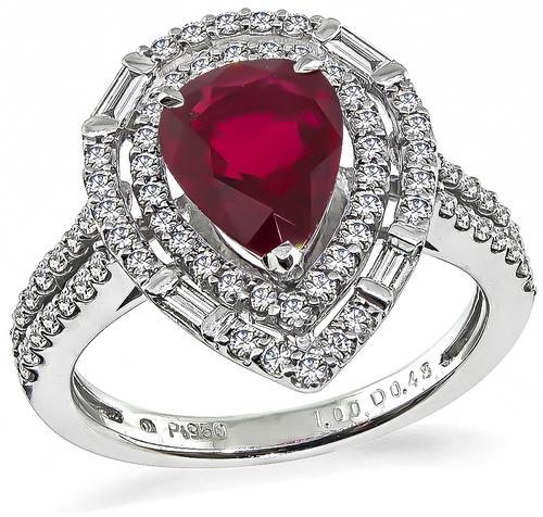 Pear Shape Ruby Round and Baguette Cut Diamond Platinum Ring