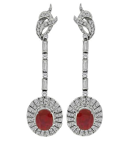 Oval Cut Ruby Baguette and Round Cut Diamond 14k White Gold Drop Earrings