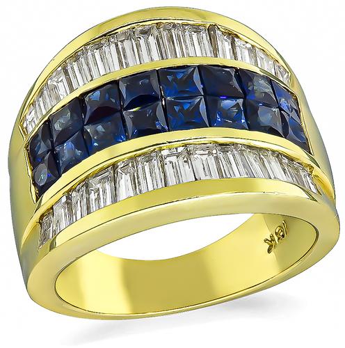 French Cut Sapphire Baguette Cut Diamond 18k Yellow Gold Ring