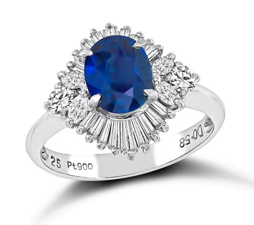 Oval Cut Sapphire Baguette Marquise and Round Cut Diamond Platinum Ring