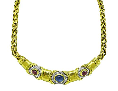 Cabochon Sapphire and Ruby Round Cut Diamond 18k Yellow and White Gold Necklace