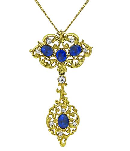 Oval Cut Sapphire Old Mine and Jubilee Cut Diamond 18k Yellow Gold Pendant Necklace