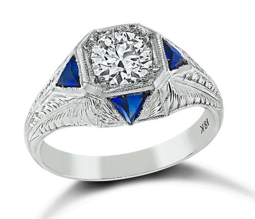 Vintage Old Mine Cut Diamond Sapphire 18k White Gold Engagement Ring