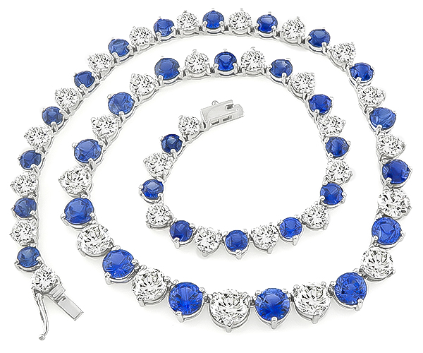 25.00ct Sapphire 22.40ct Diamond Tennis Necklace Photo 1