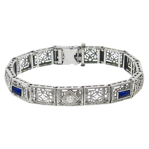 14k white gold Edwardian diamond and sapphire bracelet 1