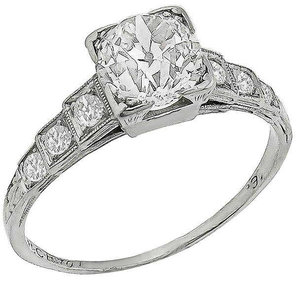Art Deco 0.83ct Old Mine Cut Diamond Platinum Engagement Ring