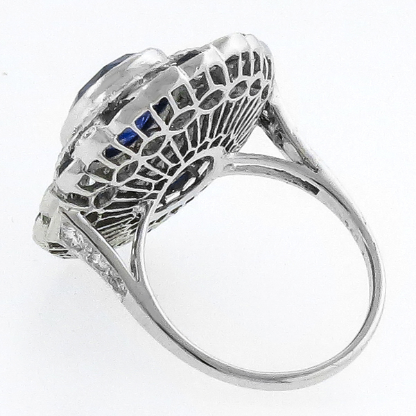 Art Deco 4.45ct Oval Cut Center & 1.33ct Faceted Cut Sapphire 2.89ct Round & Marquise Cut Diamond 18k White Gold Ring 