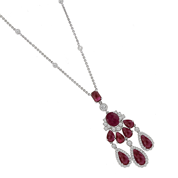 Art Deco Inspired 10.77ct Pear Shape & Oval Cabochon Briolette Cut Ruby 2.03ct Round  Diamond  Necklace