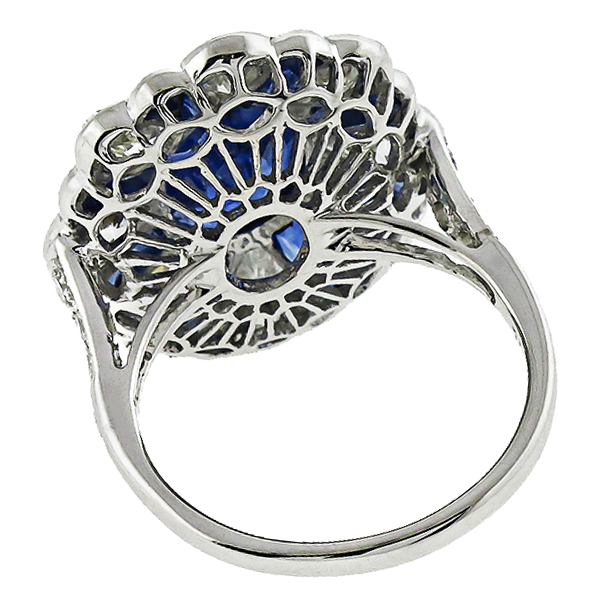 Art Deco Style  3.49ct Oval Cut Center & 1.61ct Faceted Cut Sapphire 2.20ct Pear Shape Diamond 18k White Gold Ring 
