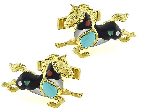Asch Grossbardt Diamond Multi Color Gem Inlay Horse Cufflinks