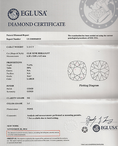 EGL Certified 1.13ct Diamond Engagement Ring Photo 1