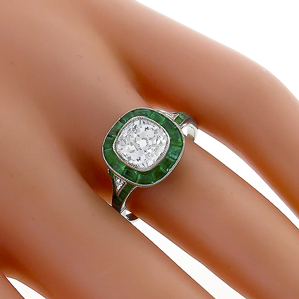 diamond emerald  platinum engagement ring 1