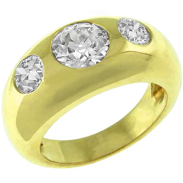 Estate 1.22ct Old Mine Center & 0.50ct Old Mine Mine Side Diamonds 18k Yellow Gold Gypsy Ring