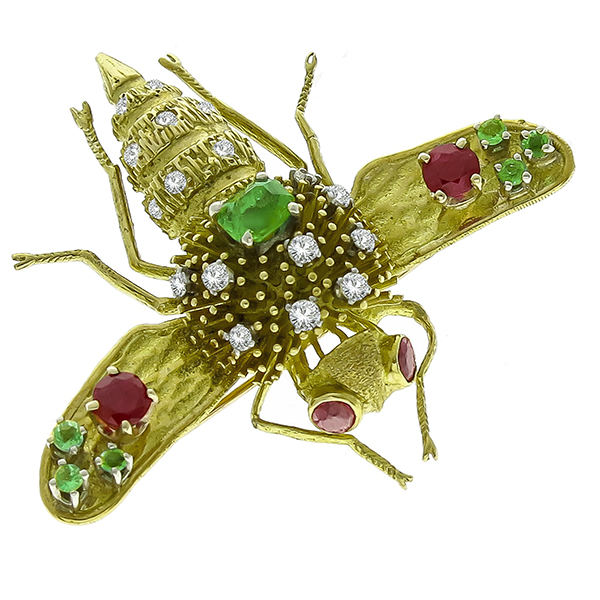 Ruby Emerald Diamond Gold Bee Pin 