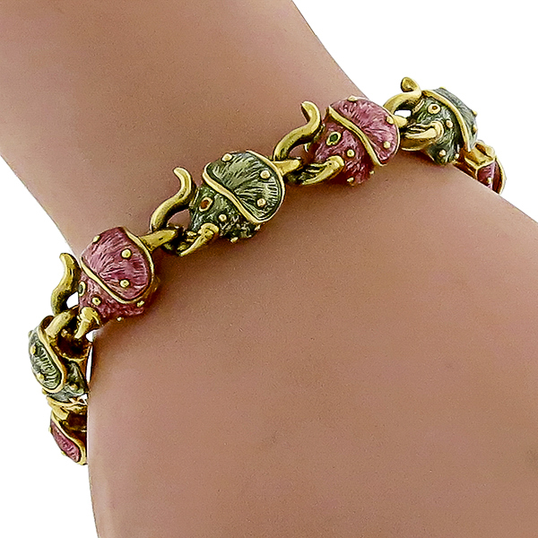 Estate 18k Yellow Gold Enamel Elephant Chain Bracelet 