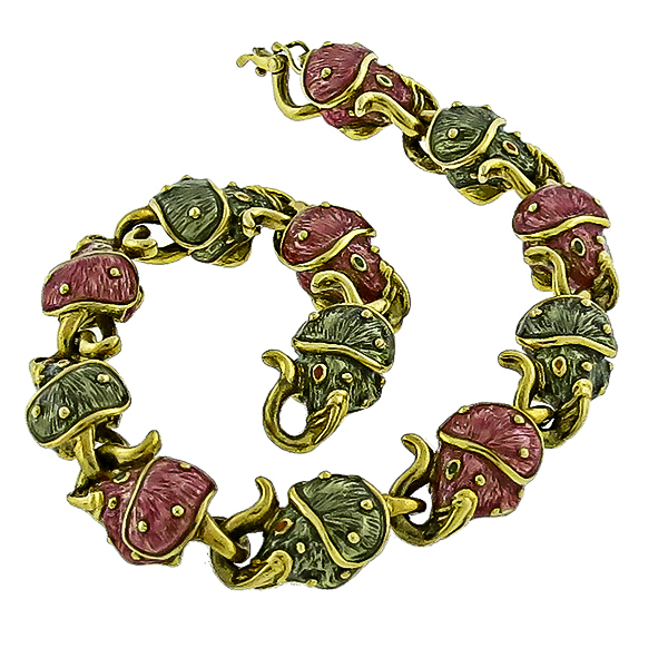Estate 18k Yellow Gold Enamel Elephant Chain Bracelet 