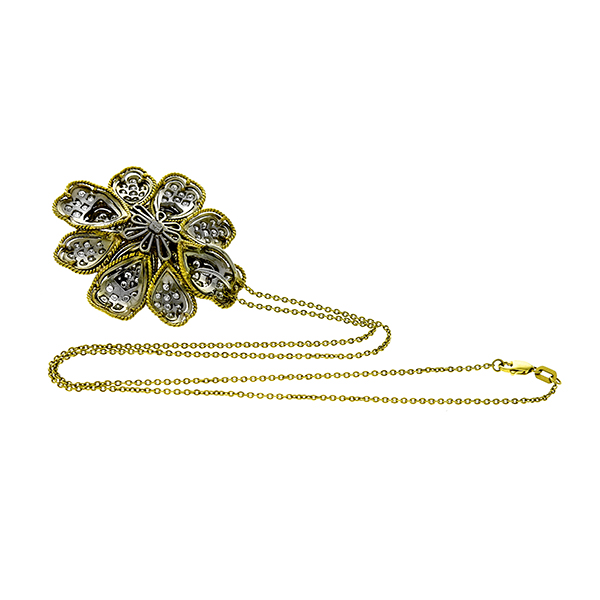 Estate 3.40ct Round Cut Diamond Baroque Pearl 18k Yellow & White Gold  Floral Pendant & Chain Necklace