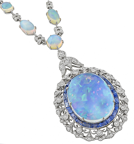 Estate 39.05 Opal 4.68ct Sapphire 2.00ct Diamond Necklace