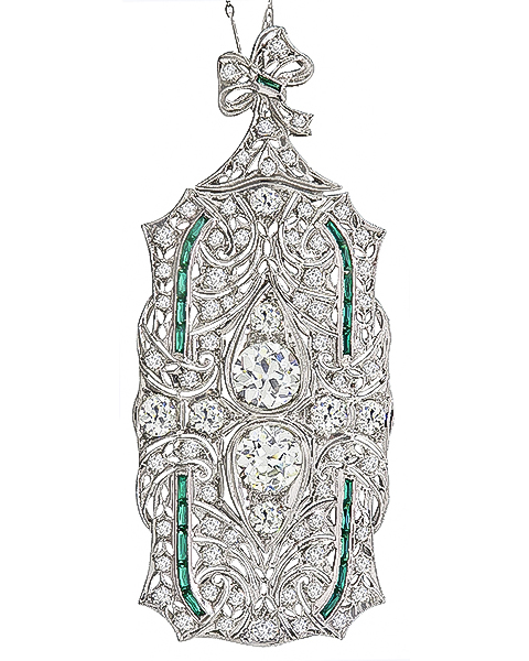 Vintage 7.89cttw Diamond Emerald Pin / Pendant Necklace
