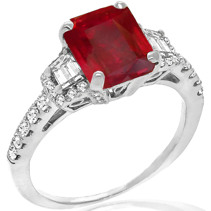 Estate 2.04ct Emerald Cut Burmese Ruby 0.75ct Trapezoid And Round Cut Diamond 18k White Gold  Engagement Ring