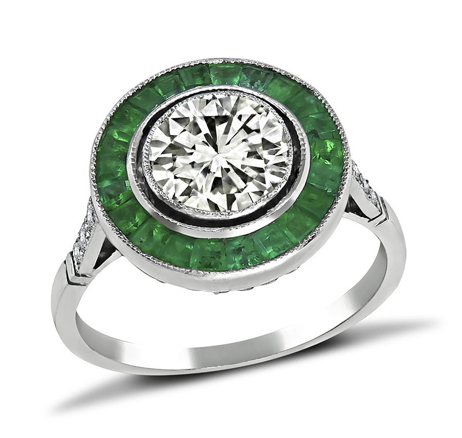 Art Deco 1.06ct Diamond Emerald Halo Engagement Ring