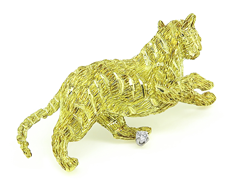 Estate Diamond Yellow Gold Tiger Pin