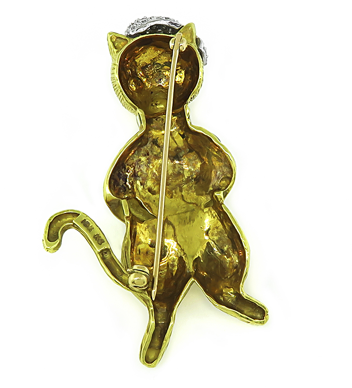 Estate 1.00ct Diamond Enamel Gold Cat Pin