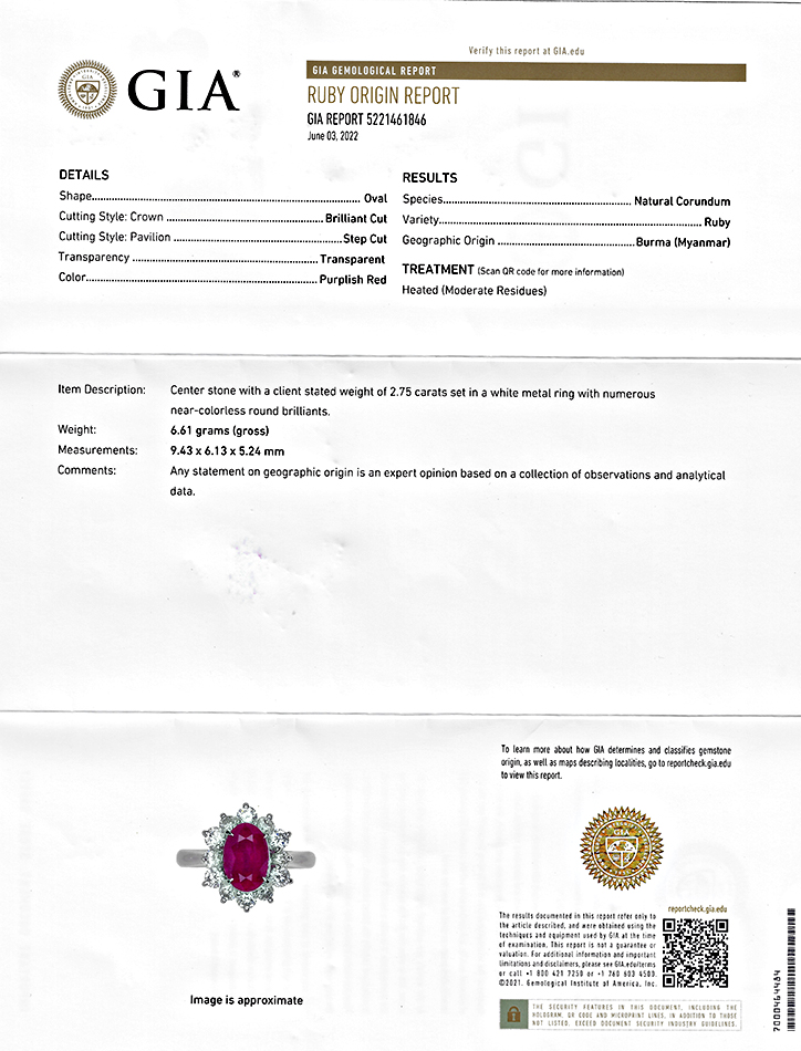 Estate GIA Certified 2.75ct Burma Ruby 1.00 Diamond Engagement Ring