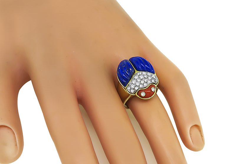 Estate 0.66ct Diamond Lapis Coral Gold Scarab Ring