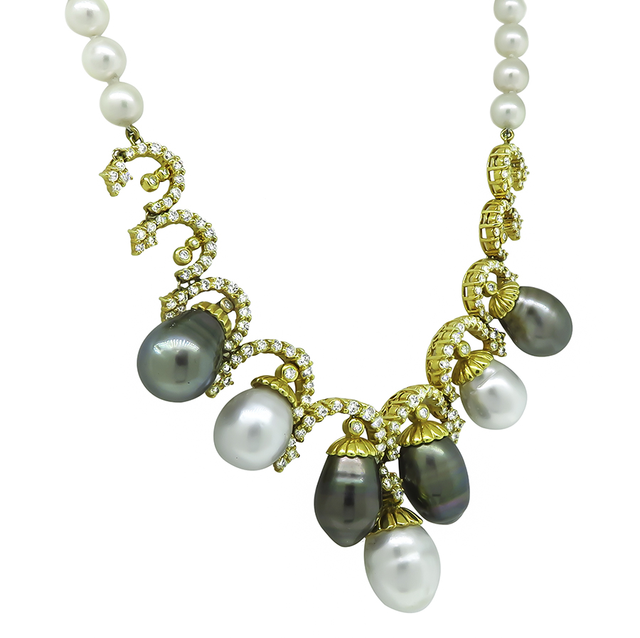 Estate 7.00ct Diamond Gold Pearl Necklace