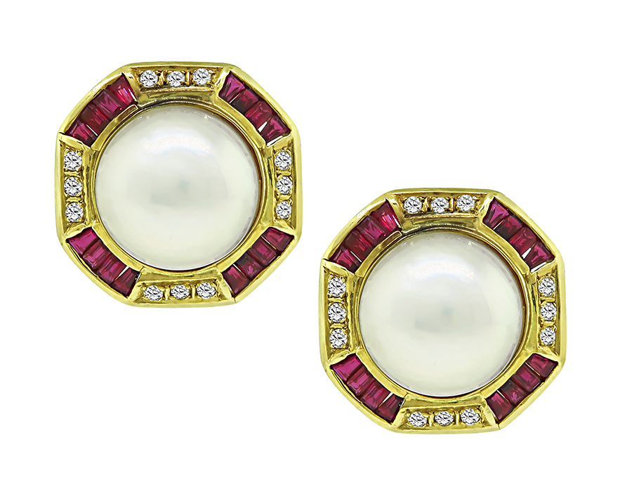 Estate Mabe Pearl 0.70ct Diamond 2.00ct Ruby Gold Earrings