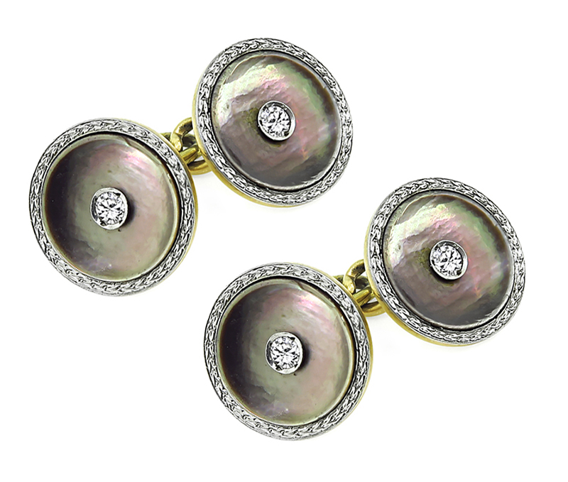 Vintage Mother of Pearl Diamond Gold Cufflinks